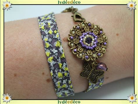 Bracelet Printemps Estampe Fleur Liberty Jaune Et Mauve Perles De Verre