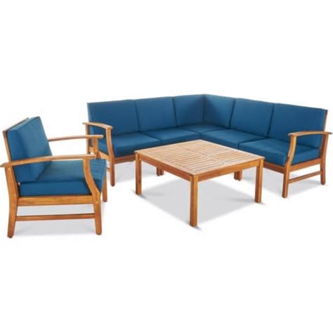 Noble House Perla Outdoor 7 Pc Teaked Acacia Wood Sofa Set With Blue