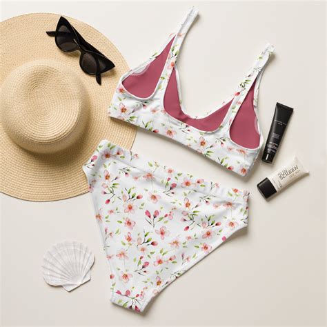 Floral Print High Waisted Two Piece Bikini Set Cherry Blossoms Womens Minimal Swimwear Sun