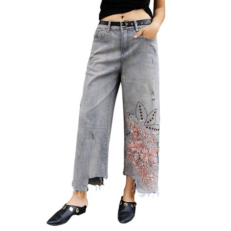 Buy Women Casual Embroidery Wide Leg Denim Pants Jeans