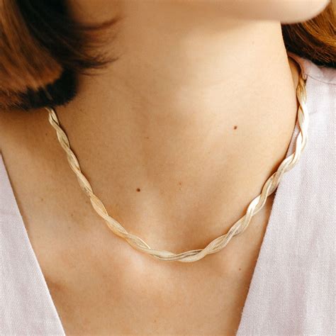 Braided Herringbone Chain Necklace Gold Herringbone Necklace 14kt Gold