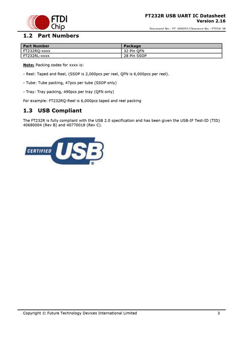 FT232R USB UART IC Datasheet. Version 2.16. 1.2 Part Numbers. Part Number. Package. Note:. 1.3 ...