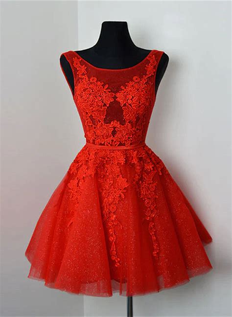 Red Lace Round Neckline Short Party Dress, Red Short Homecoming Dress ...