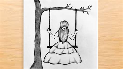 How To Draw A Girl Swinging In A Tree Pencil Sketch Girl Drawing