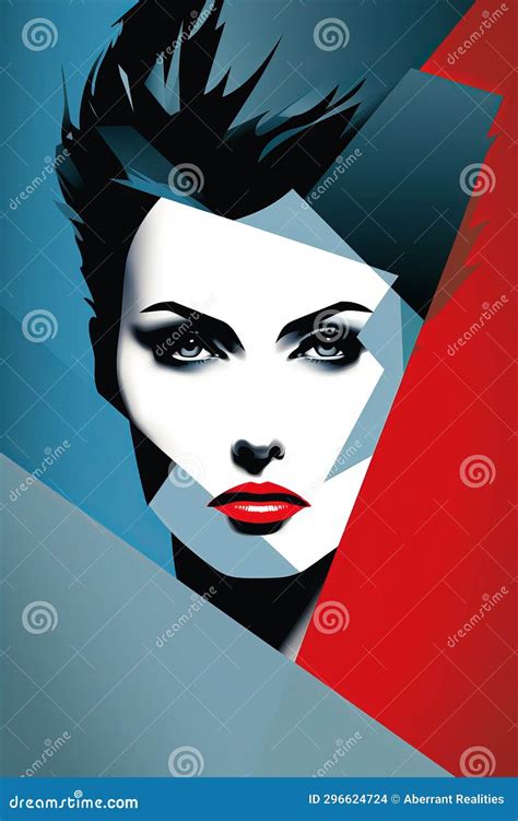 A Poster With A Womans Face And Red Blue And White Colors Stock