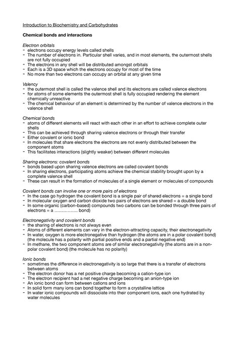 CBG Lecture 2 Introduction To Biochemistry And Carbohydrates Notes