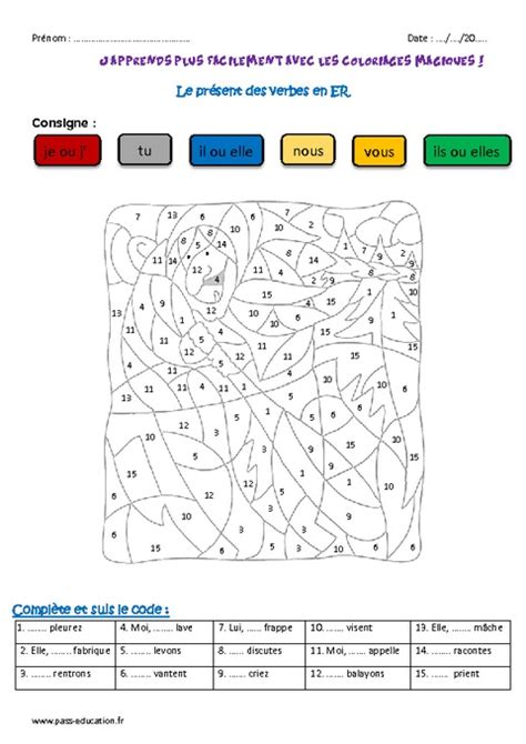 Pr Sent Des Verbes En Er Ce Coloriage Magique Pass Education