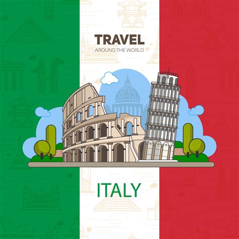 Italian landmarks, historic architecture, on the background of the flag with seamless ...