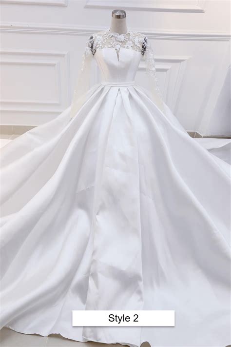 Elegant Long Sleeves White Satin Ball Gown Wedding Dress Various Styles