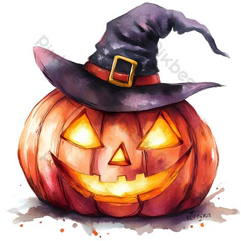 Watercolor Jack-o-lantern With Witch Hat PNG Images | JPG Free Download ...