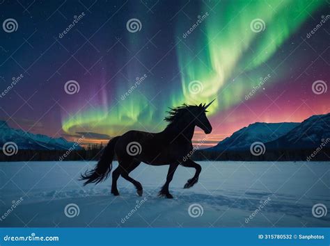 Mystical Majesty Unicorn Silhouette In Aurora Borealis Stock