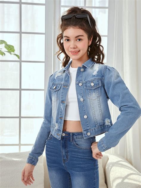 Shein Teen Girls Ripped Flap Pocket Denim Jacket Shein Usa