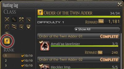 FFXIV Order Of The Twin Adder Hunting Log All Ranks FF14