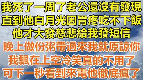 （完結爽文）我死了一周了老公還沒有發現，直到他白月光因胃疼吃不下飯，他才大發慈悲給我發短信，晚上做粥給我帶過來就原諒你，我飄在上空冷笑真的不用了，可下一秒看到來電他徹底瘋了！幸福出軌家產