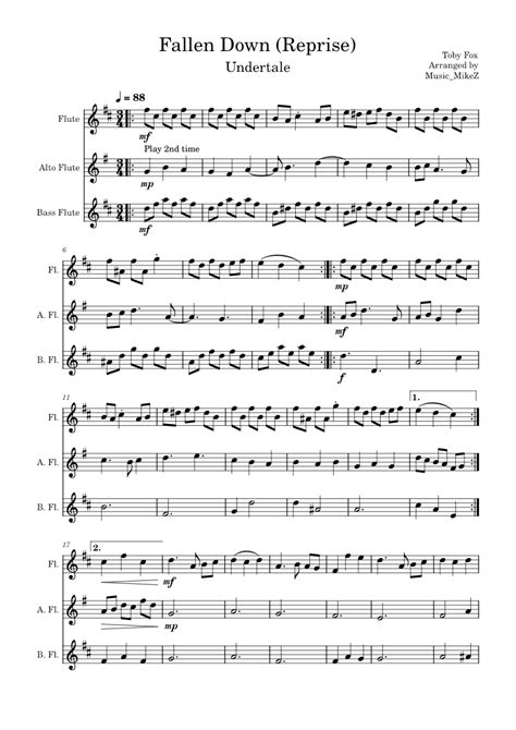 Fallen Down Reprise Toby Fox Sheet Music For Flute Flute Alto Flute Bass Woodwind Trio