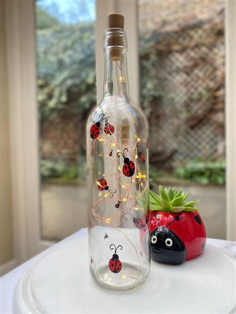 Ladybug Light Up Bottle Upcycled Home Decor Hand Painted Bottle Gift