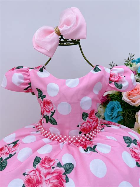 Vestido Infantil Rosa Floral C Cinto P Rolas Casamento Luxo Rosa