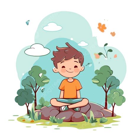 Bocah Clipart Tenang Dengan Kaos Bermeditasi Di Kartun Hutan Vektor