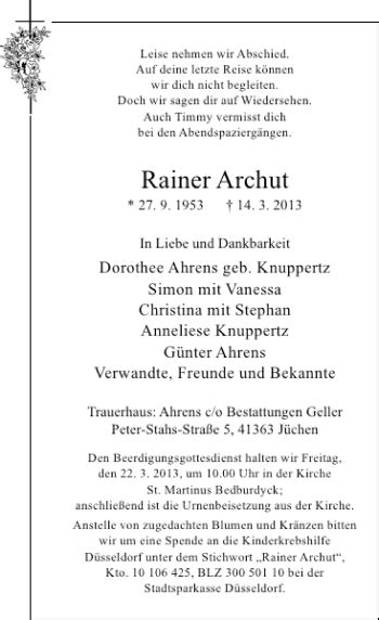 Alle Traueranzeigen für Rainer Archut trauer rp online de