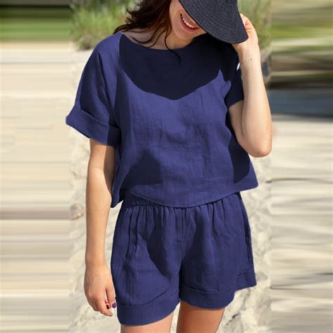 Zanzea Women Linen Cotton Casual Short Sleeve Blouse Elastic Waist Shorts Summer Set Shopee