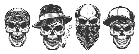Set Of Gangster Tattoo Hand Drawn Skull With Bandana