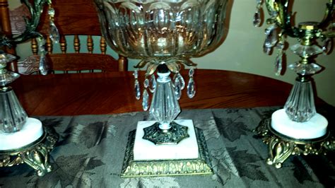 Set Of 3 Antique Brass Marble And Chrystal Candle Holders And Serving Bowl Instappraisal