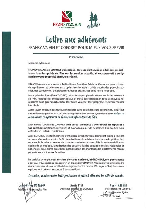 Lettre aux adhérents Aindinois COFORET