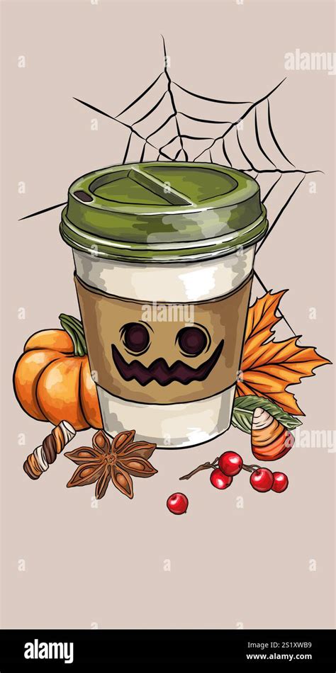 Autumn Hot Drink In A Mug With Cream Pumpkins And Forest Leaves