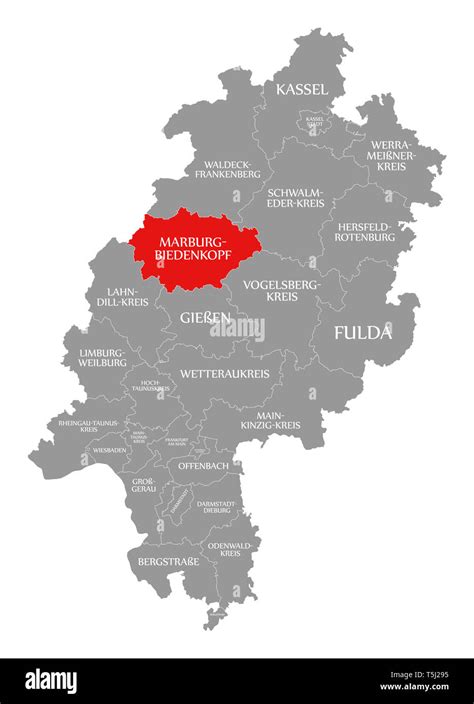 Marburg-Biedenkopf county red highlighted in map of Hessen Germany ...