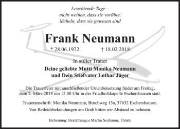 Traueranzeigen Von Frank Neumann Trauerportal Ihrer Tageszeitung