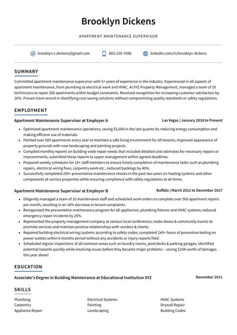 Apartment Maintenance Supervisor Resume CV Example And Writing Guide