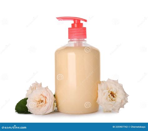 Dispenser Of Liquid Soap And Roses On White Background Stock Photo