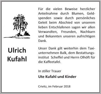 Traueranzeigen Von Ulrich Kufahl Trauer Nordkurier