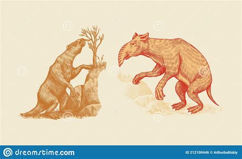 Ground Sloth Or Megatheriidae And Palorchestes With A Trunk Marsupials