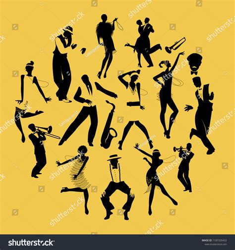 Silhouettes Dancers Dancing Charleston Jazz Musicians Stock Vector