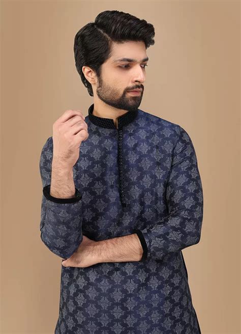 Buy Dark Blue Kurta Set With Black Collar And Cuff Online In India