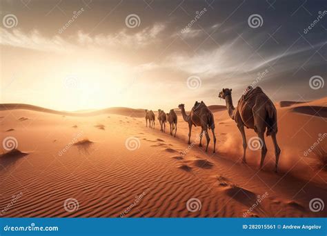 Camel Caravan Going Through The Sand Dunes In The Sahara Desert