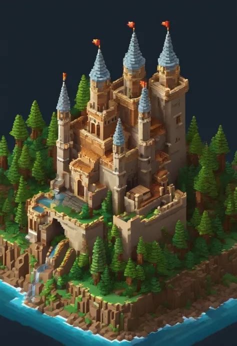 Close Up Of A Pixel Art Style Landscape With A Castle High Quality