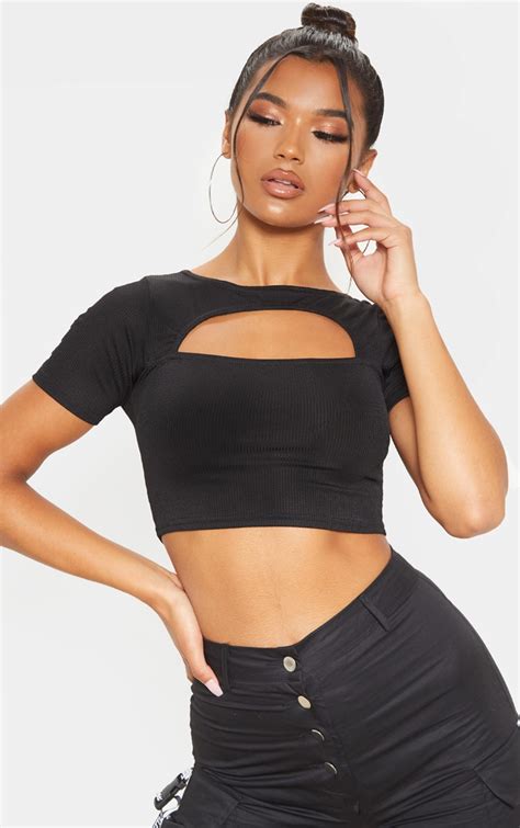 Black Cut Out Detail Ribbed Crop Top Tops Prettylittlething Usa