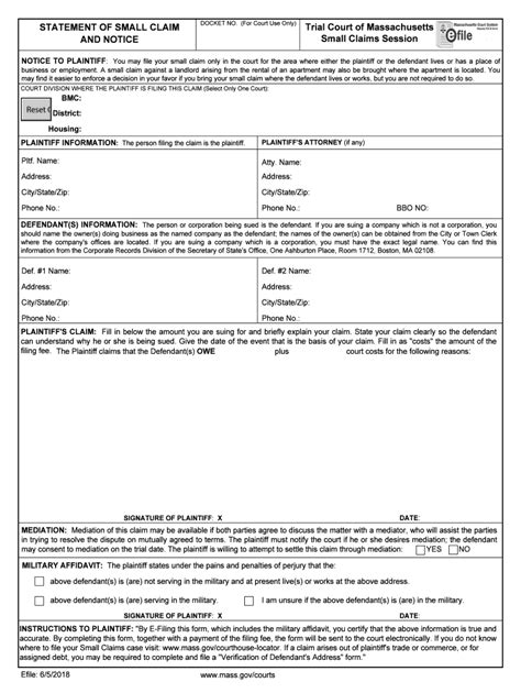 2018 2024 Form Ma Statement Of Small Claim And Notice Fill Online