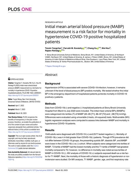 PDF Initial Mean Arterial Blood Pressure MABP Measurement Is A Risk