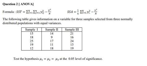 Solved Question 2 Anova Formula Sst 1 1 Ssa