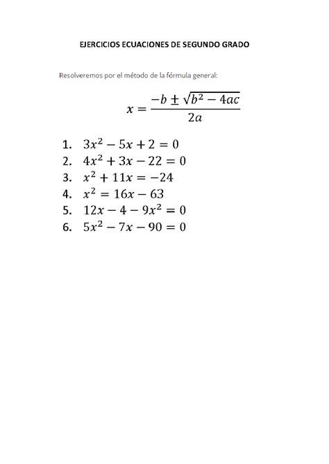 Ejercicios Ecuaciones De Segundo Grado Matemática Ejercicios Ecuaciones De Segundo Grado