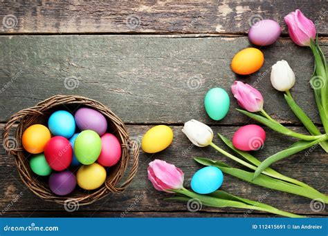 Easter Eggs In Basket With Tulips Stock Image Image Of Decoration