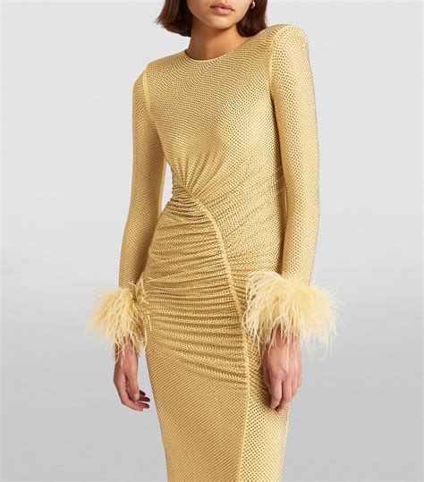 Womens Self Portrait Gold Rhinestone Feather Trim Midi Dress Harrods UK