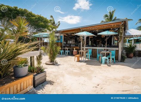beachside cafe  view   ocean  distant beachgoers serving
