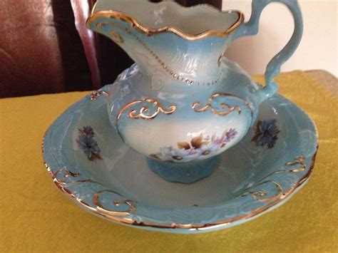 RP Blue And Gold Trim Pitcher And Wash Basin EBay Antique