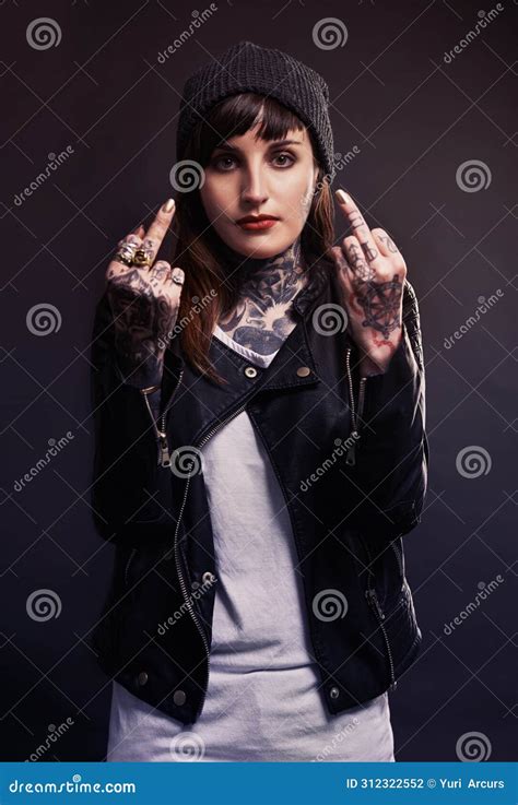 Portrait Fashion Woman With Middle Finger Tattoo Or Attitude In