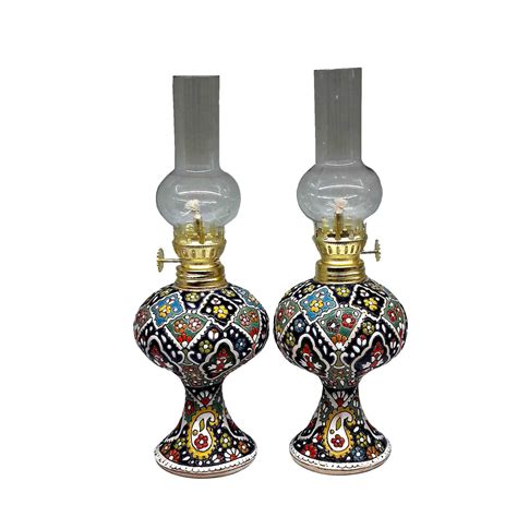 Persian Pottery Kerosene Oil Lamp With Enameling Artistry X2