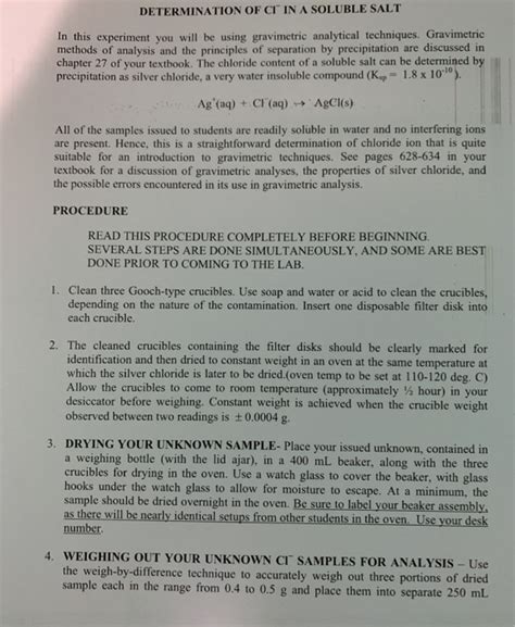 Determination Of Chloride By Gravimetric Analysis Lab Report